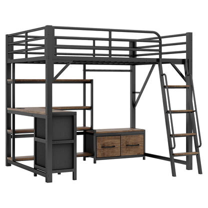 Full Size Loft Bed with Desk and Light, Metal Loft Bed with Storage Shelves, Wardrobe and Drawers for Boys Girls(Old SKU W2593S00040) image 10
