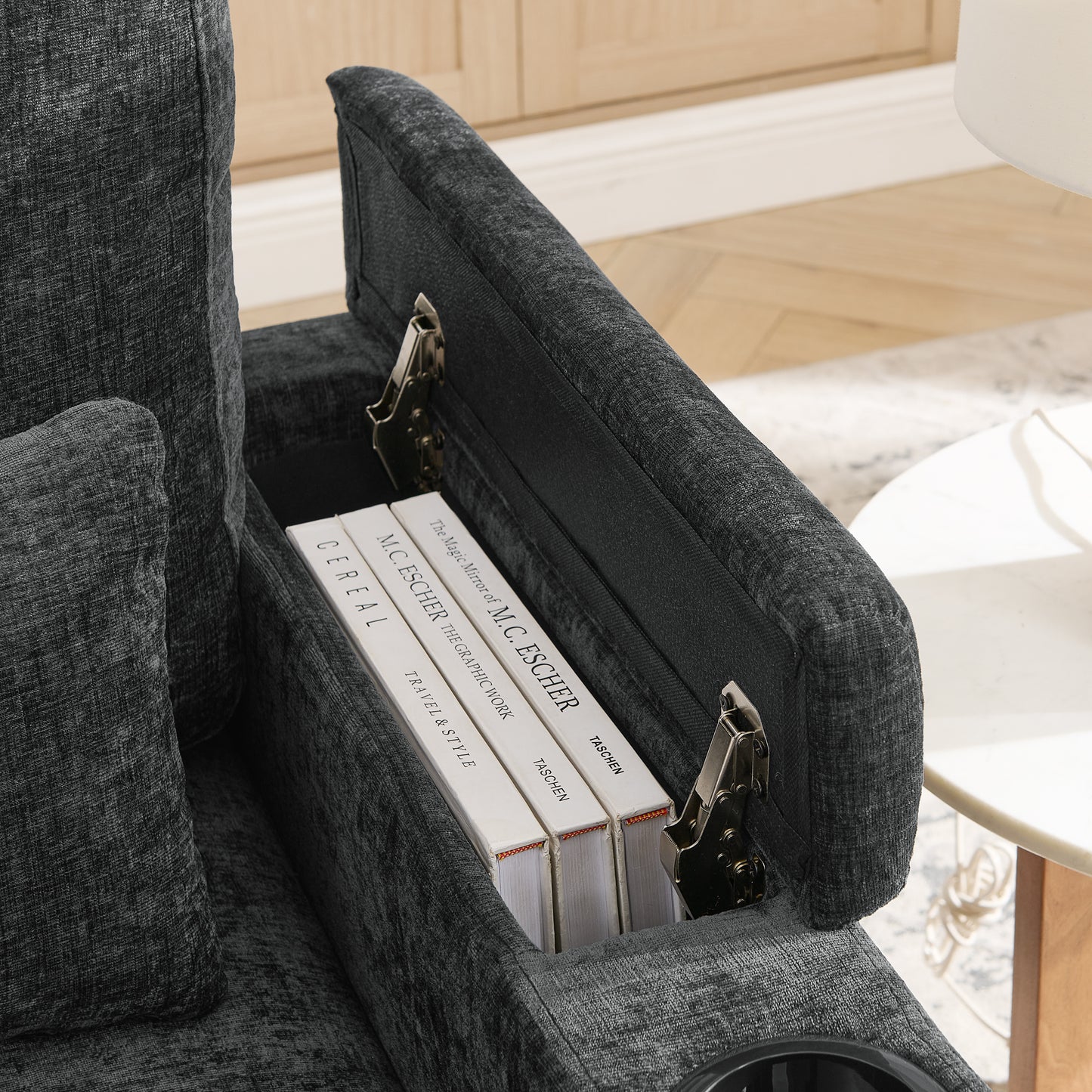 Single sofa recliner with manually adjustable backrest, USB charging port on the armrest side, phone stand included, hidden armrest storage, and a matching storage ottoman-Black image 12