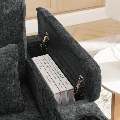 Single sofa recliner with manually adjustable backrest, USB charging port on the armrest side, phone stand included, hidden armrest storage, and a matching storage ottoman-Black image 12