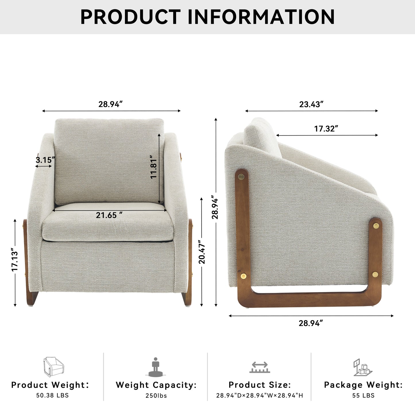 057-Set of 1 Chenille Fabric Modern Upholstered Armchair with Wooden Side Frame, Accent Leisure Chair with Cushioned Seat and Backrest for Living Room, Bedroom,Beige image 2
