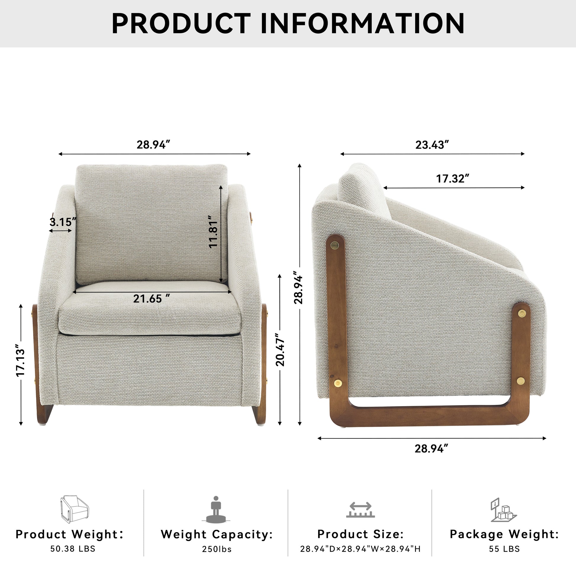 057-Set of 1 Chenille Fabric Modern Upholstered Armchair with Wooden Side Frame, Accent Leisure Chair with Cushioned Seat and Backrest for Living Room, Bedroom,Beige image 2