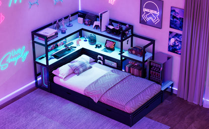 Twin Size Gaming Daybed with Integrated Desk and LED Light, Modern Wooden Bed Frame with 3 Storage Drawers and Built-in Charging Station, Multi-Functional Headboard Bookcase, Black+Blue image 2