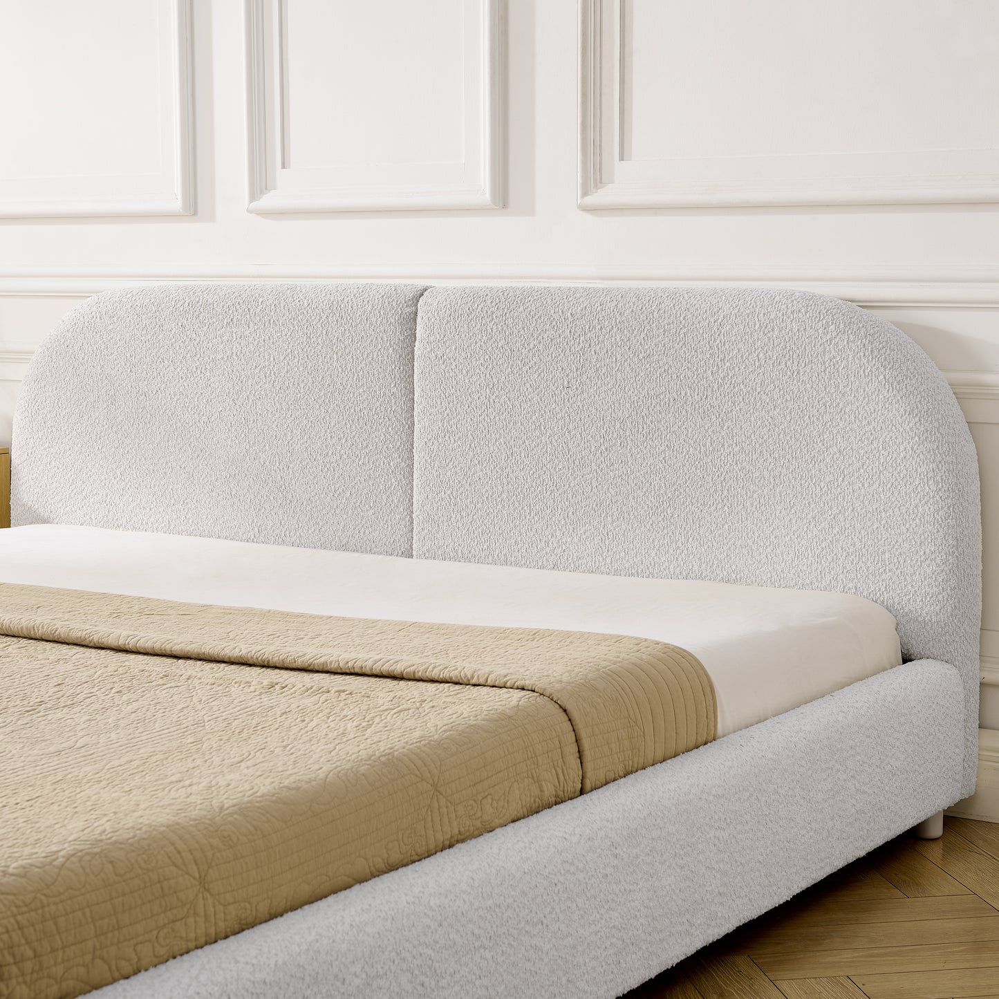 King Size Upholstered Bed Frame, Modern Minimalist Style with Tall Curved Headboard, Premium Circle Yarn Fabric & Sturdy Leg Support, Mattress Not Included-Beige image 4