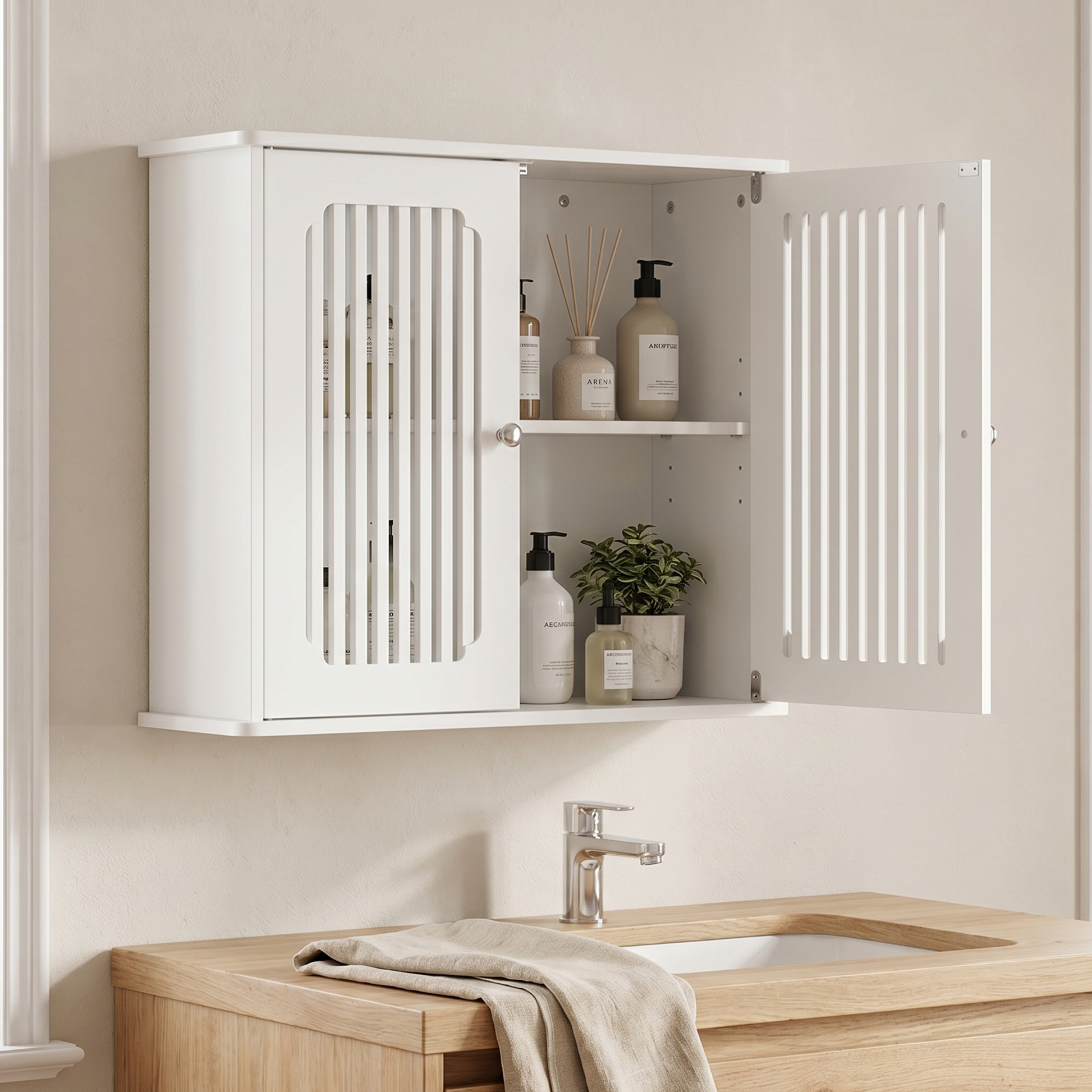 Bathroom wall-mounted cabinet, louvered double-door wall-mounted bathroom storage cabinet, practical medicine cabinet, household wall storage cabinet, white. image 10