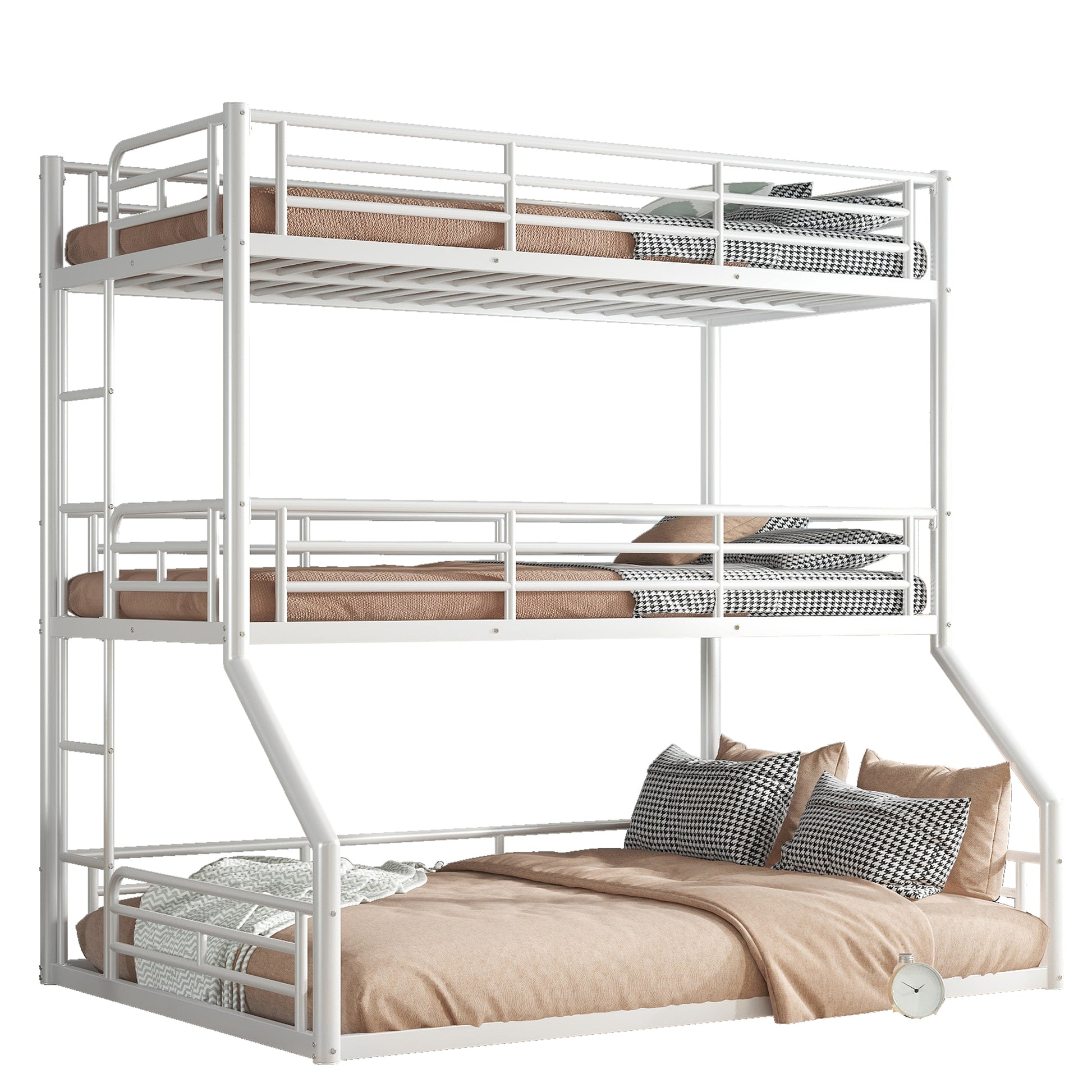 Twin over Twin over Full Bunk Bed, Metal Triple Bunk Bed with Safety Guardrails, Heavy-duty Bunk Bed with Noise-reduced Design, White image 12