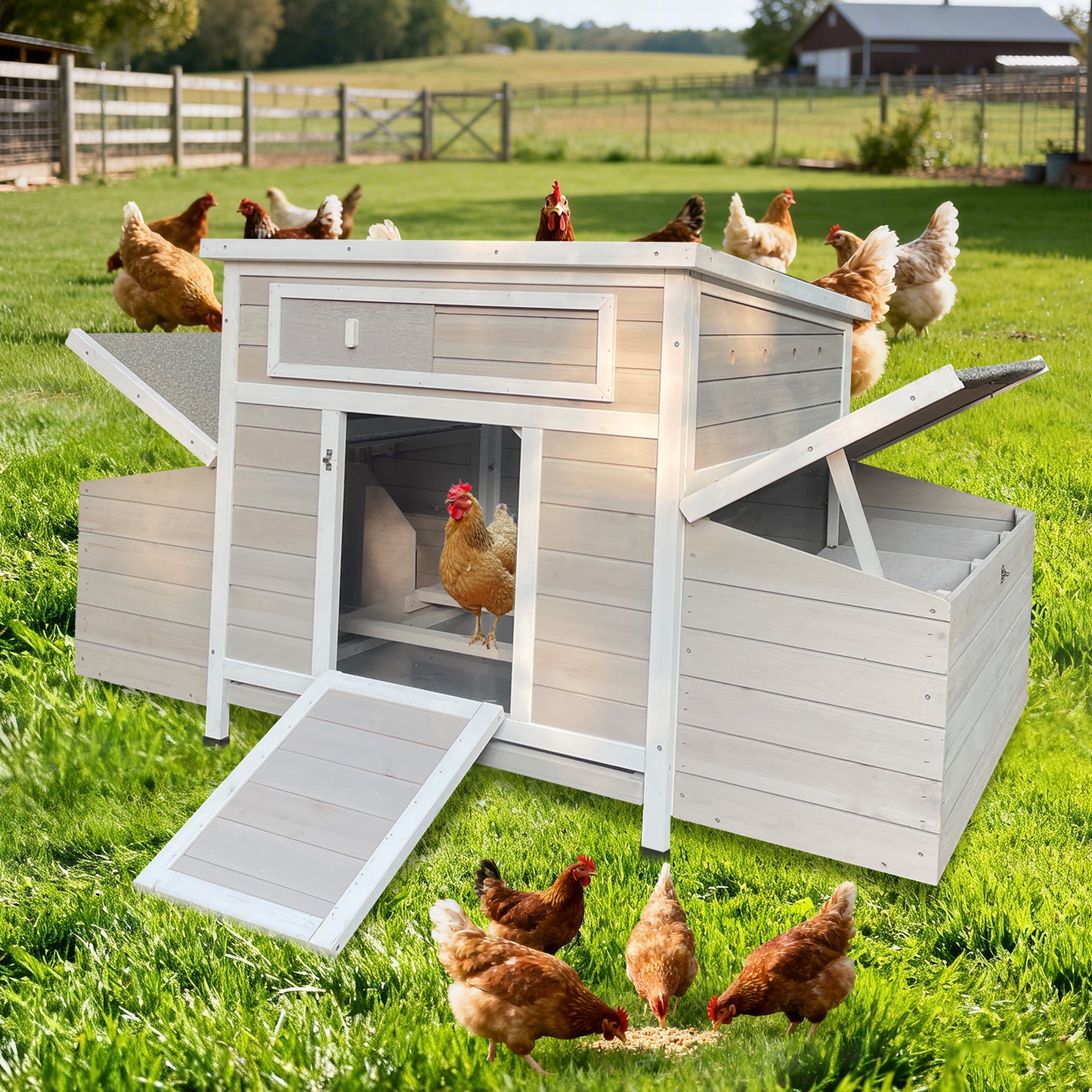 Large Wooden Chicken Coop Outdoor Hen House Poultry Cage for Outdoor with 2 Sides Nesting Boxes image 1