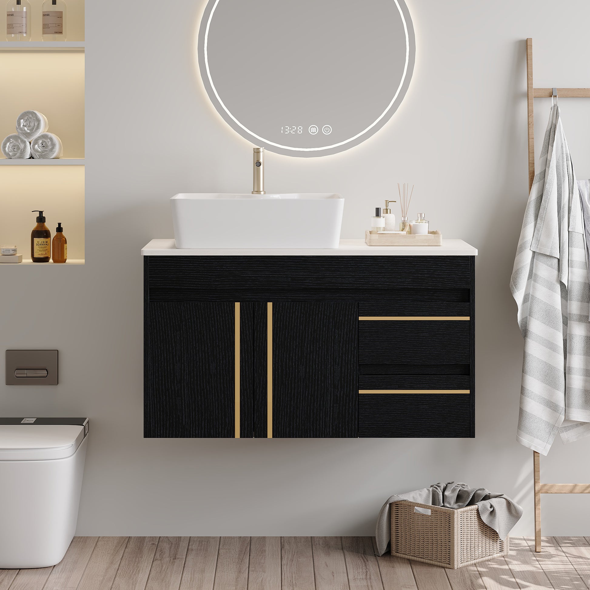 36" Wall-Mounted Bathroom Vanity with Vessel Ceramic Sink & Plywood Countertop – Soft-Close Door & Drawers, Floating Design image 1