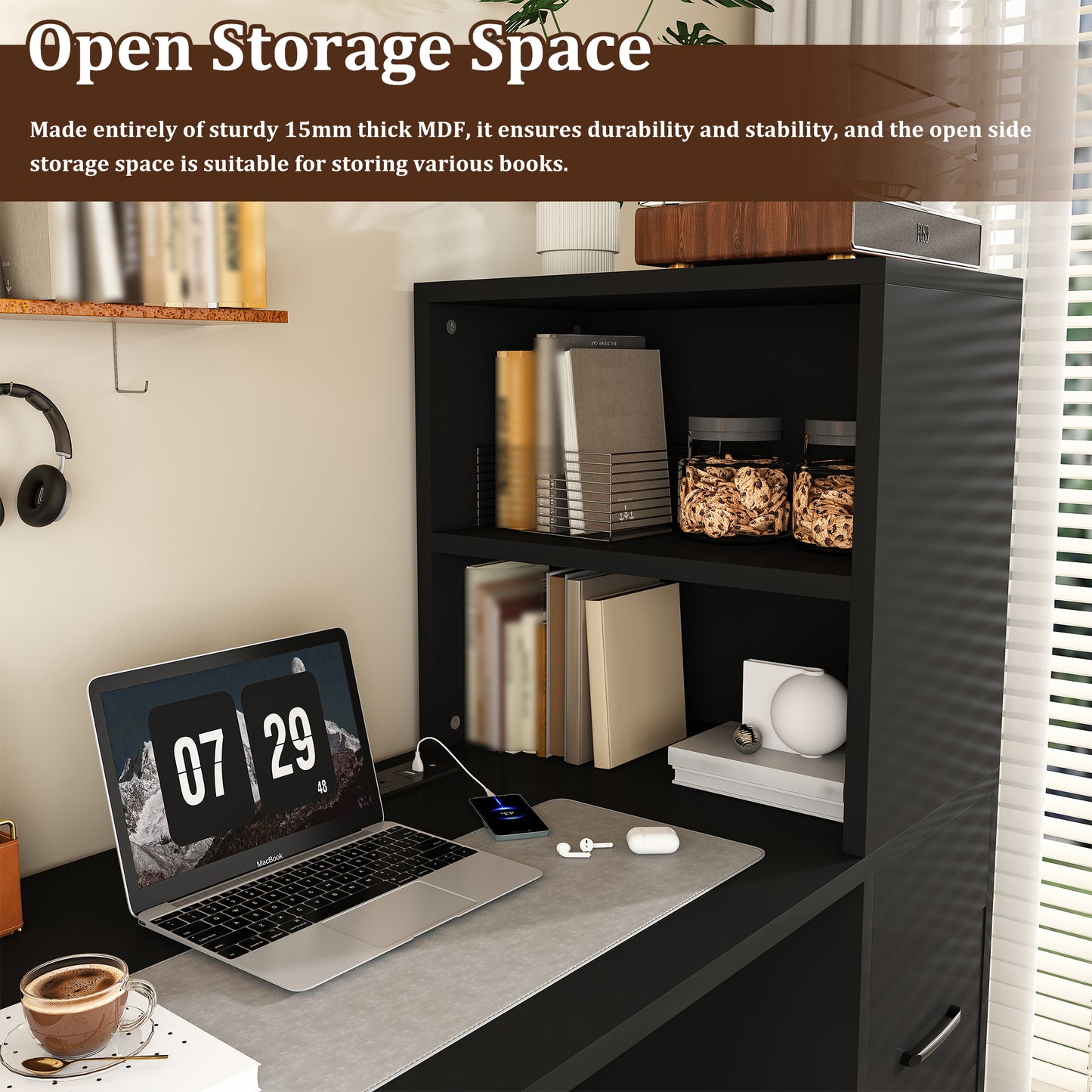 Black Computer Desk with 4-in-1 Socket, the Desk with 3 Slide Drawers and 4 Storage Levels, the Wooden Desk is Suitable for a Variety of Places image 4