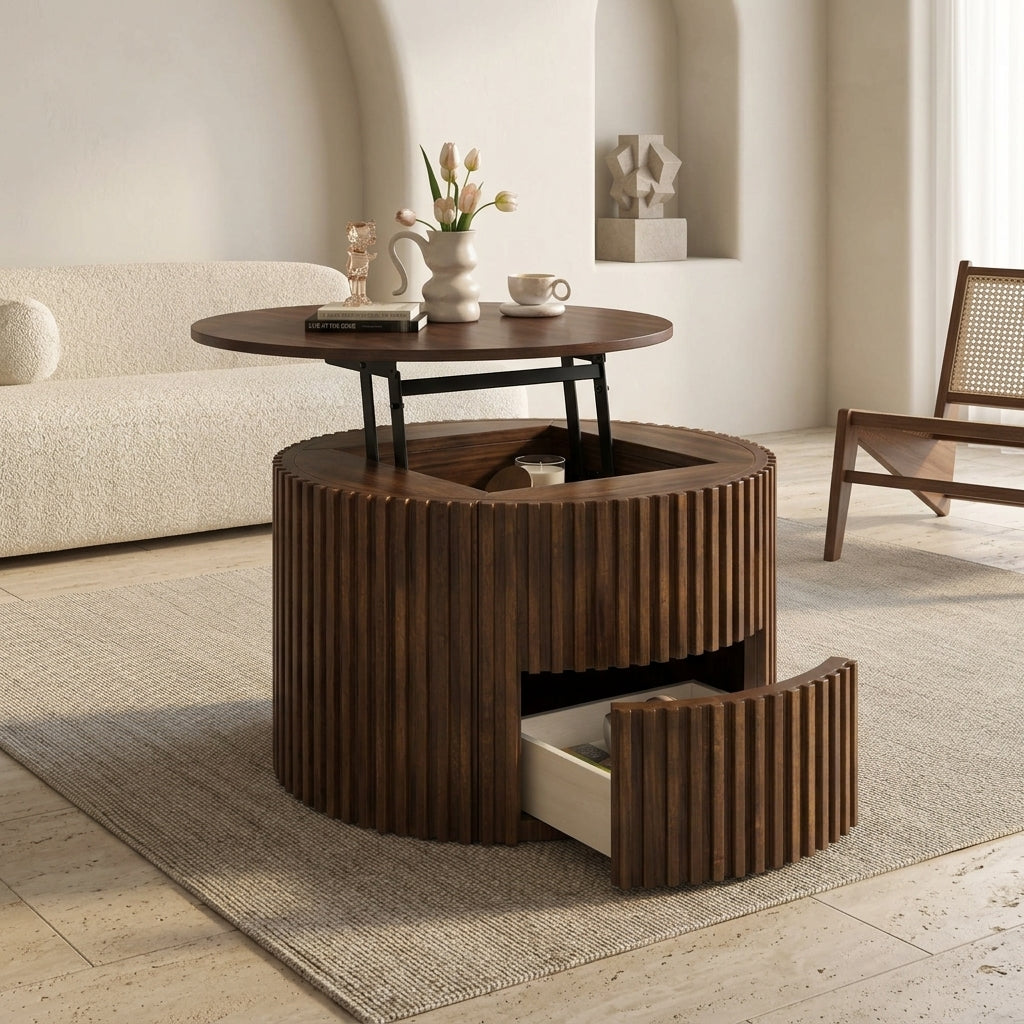 VIBE HAUS Round Lift Top Coffee Table, Modern Fluted Wood Accent Coffee Table with Hidden Storage for Living Room image 2
