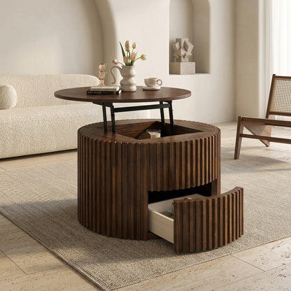 VIBE HAUS Round Lift Top Coffee Table, Modern Fluted Wood Accent Coffee Table with Hidden Storage for Living Room image 2