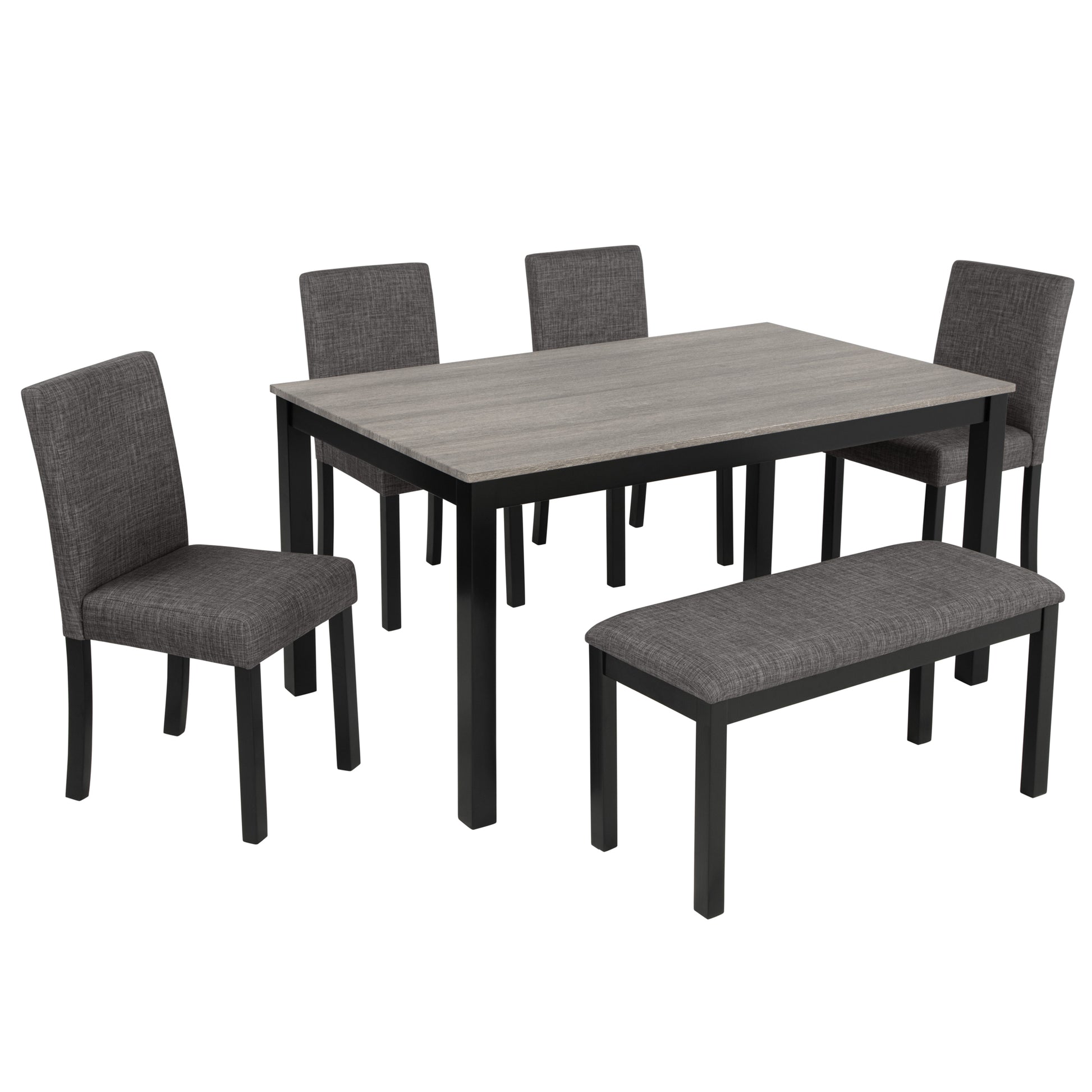 6-Piece Dining Table Set with Bench and Chairs, Dining Table Set for 6 with Bench, Wooden Dining Table Set for Kitchen, Dining Room, Light Grey & Black Two Tone image 9