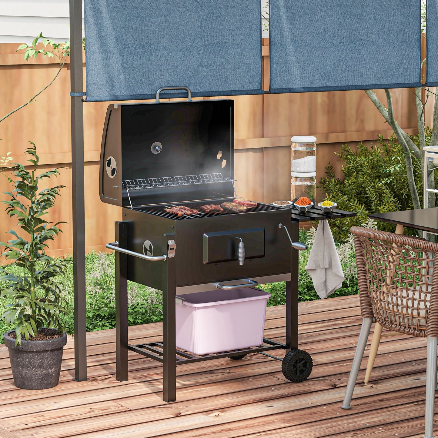 Outsunny Charcoal BBQ Grill, Outdoor Portable Cooker for Camping or Backyard Picnic with Side Table, Bottom Storage Shelf, Wheels and Handle, Black image 2