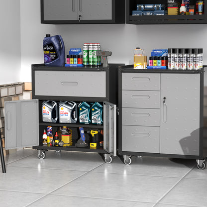 Sturdy and Durable Metal Tool Cabinet for Garage with Wheels - Mobile Heavy-Duty Storage Cabinet with 1 Drawer and 2 Locking Doors, Rolling Tool Storage Cabinet, Black and Gray image 7