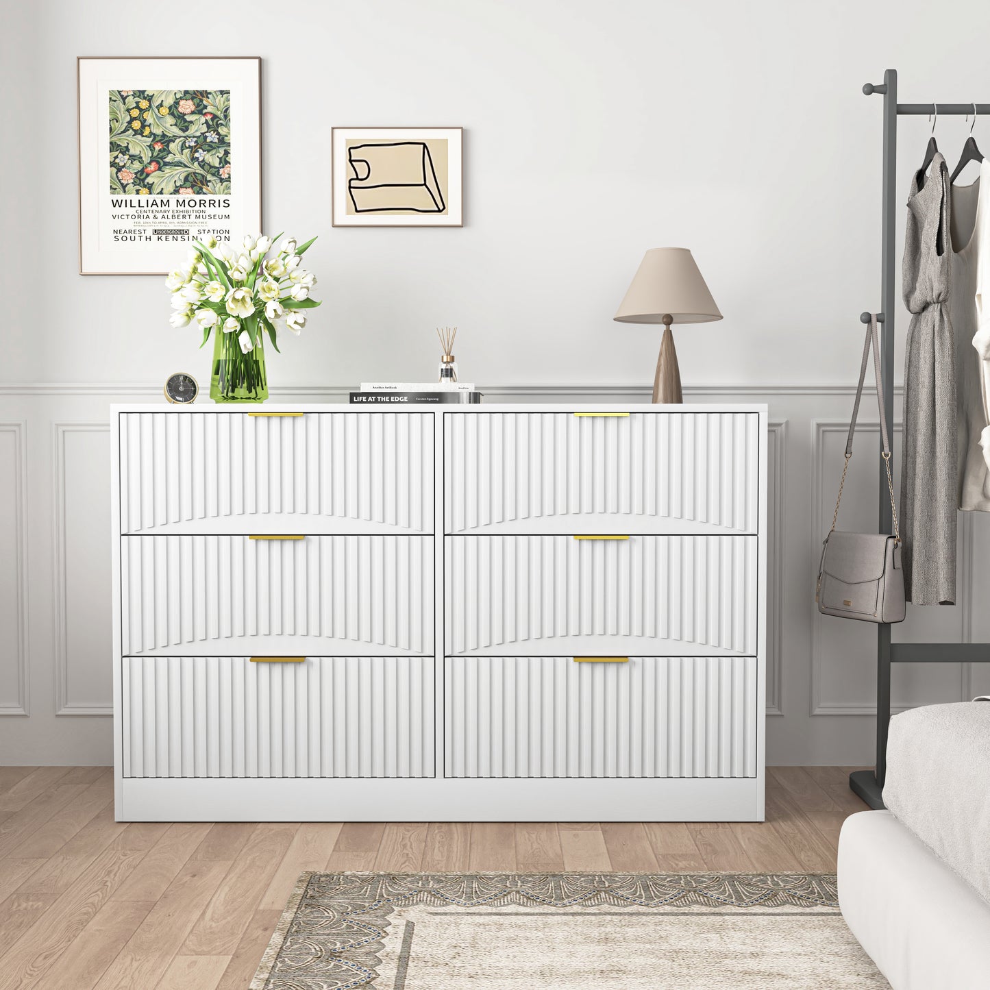 Modern 6-Drawer Dresser, Chest of Drawers for Bedroom, Living Room, Hallway, and Entryway - Large Storage Cabinet, White,Drawer panel with wavy patterns image 12