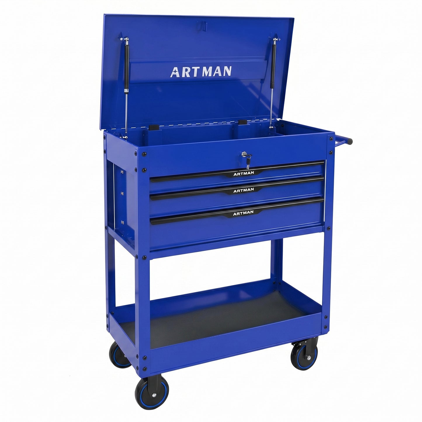 3 DRAWERS MULTIFUNCTIONAL TOOL CART WITH WHEELS AND STEEL TOP-Blue&Black image 1