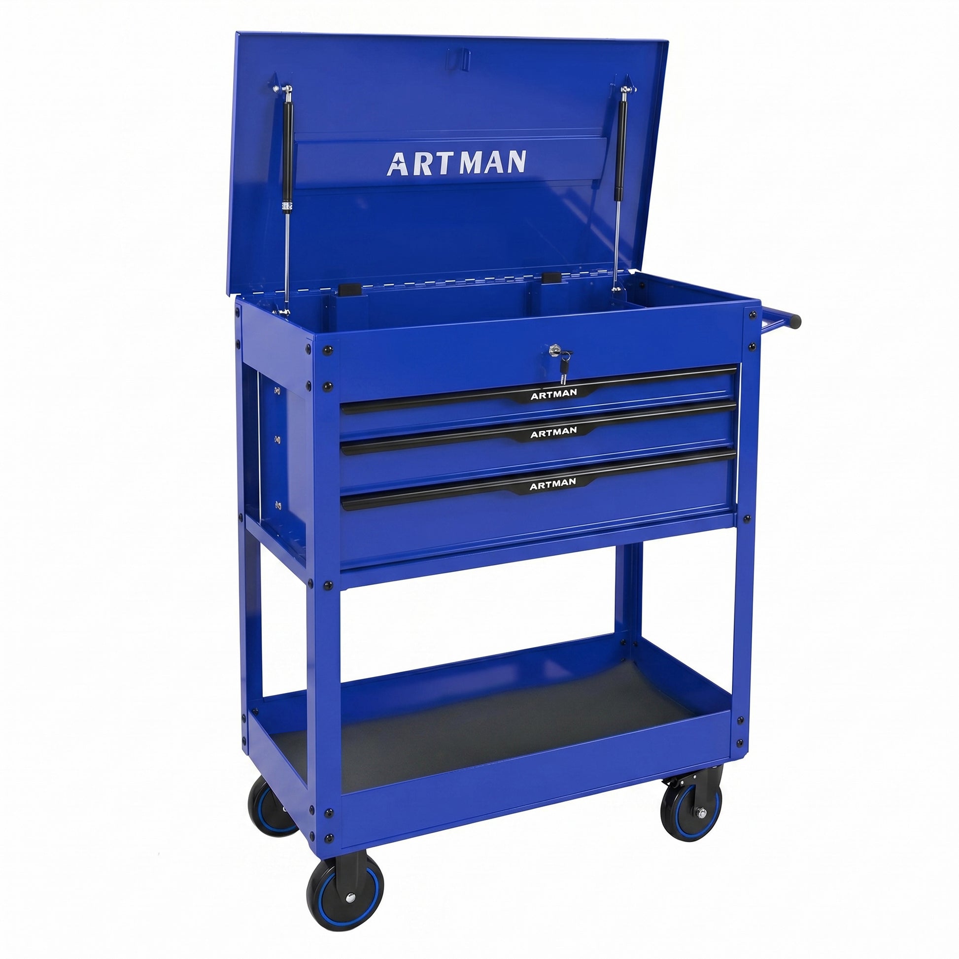 3 DRAWERS MULTIFUNCTIONAL TOOL CART WITH WHEELS AND STEEL TOP-Blue&Black image 1
