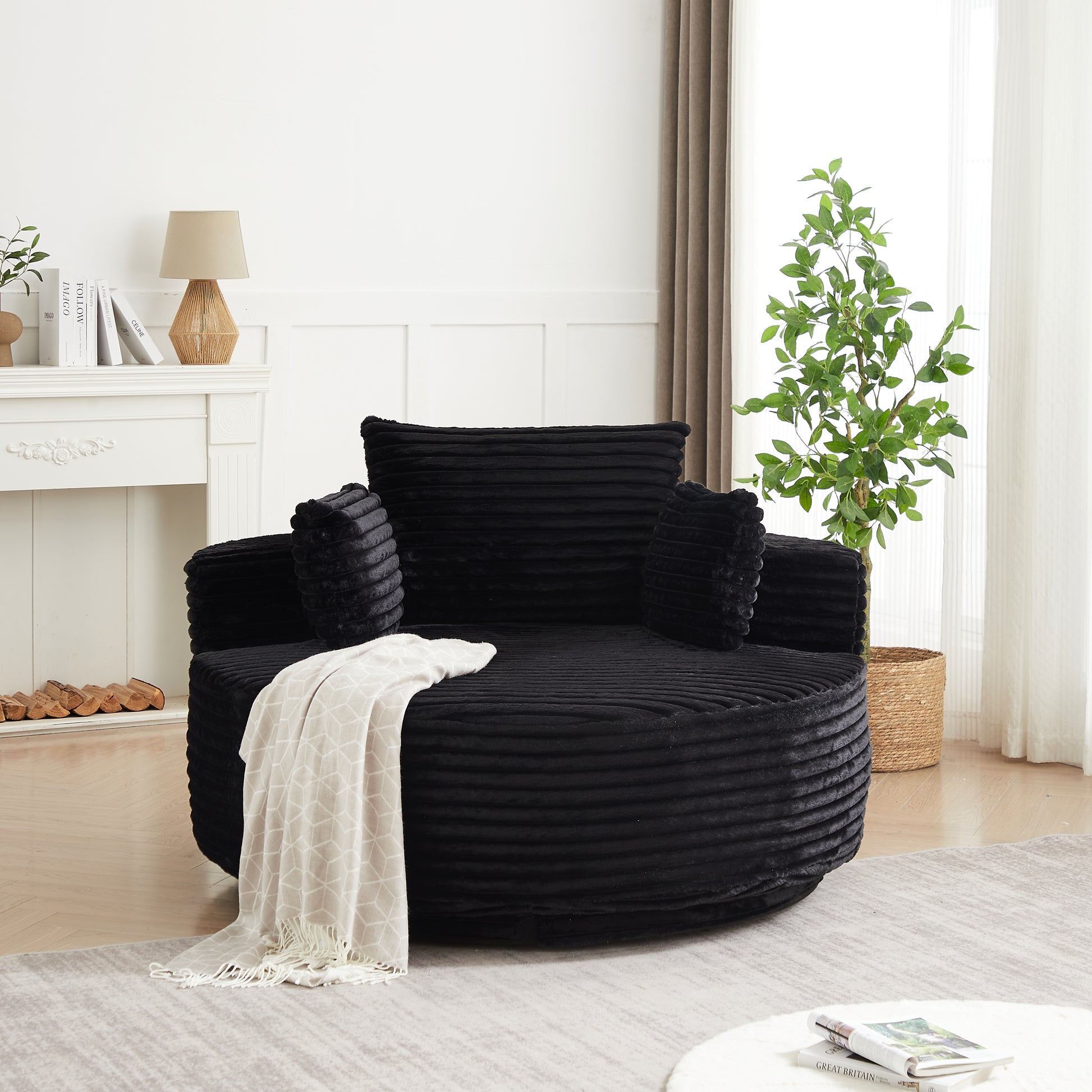 55''L Corduroy Foam Single Swivel Chair, Fluffy Modern Sleeper, 360 Degree Swivel Chair for Living Room, Bedroom, Lounge and Projection Room image 12