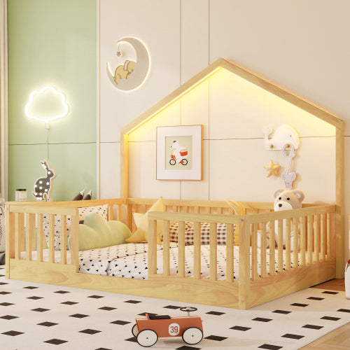Full Floor Bed with High Rails, Wooden Montessori Bed with Light for Kids, Boys and Girls,Natural(Old SKUW2593P440609 Expect Arrival Date 2026/6/30) image 1
