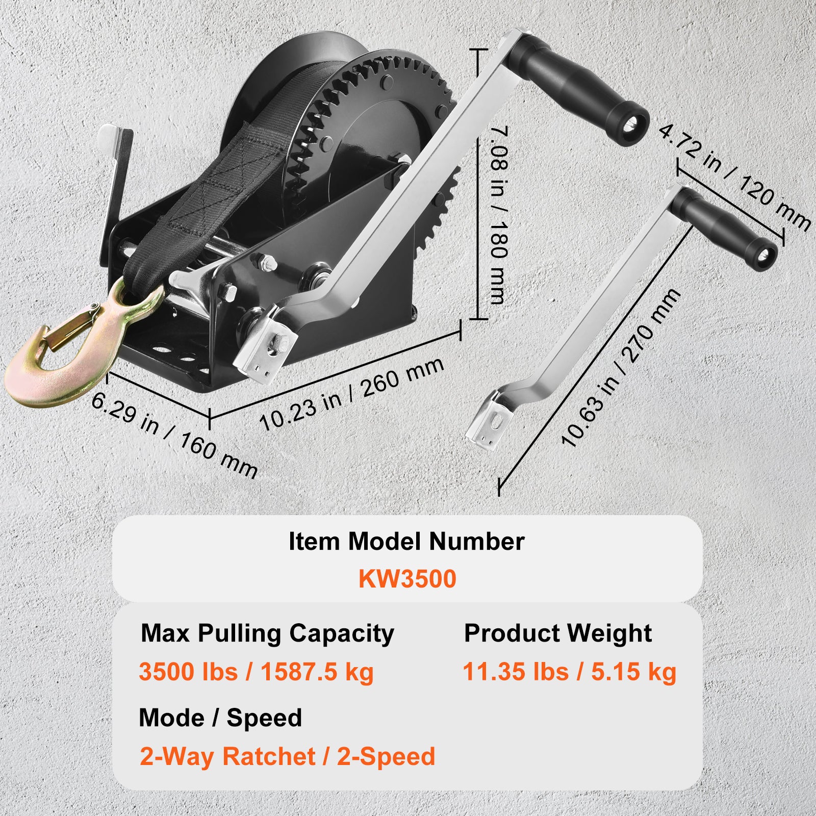 Hand Winch, 3500 lbs Pulling Capacity, Boat Trailer Winch Heavy Duty Rope Crank with 33 ft Polyester Strap and Two-Way Ratchet, Manual Operated Hand Crank Winch for Trailer, Boat or ATV Towing image 6