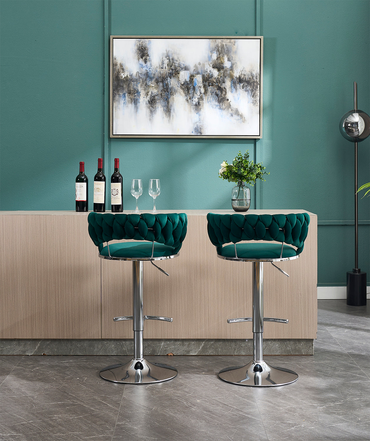 Set of 2 Bar Stools,with Chrome Footrest and Base Swivel Height Adjustable Mechanical Lifting Velvet + Chrome Leg Simple Bar Stool-GREEN image 5