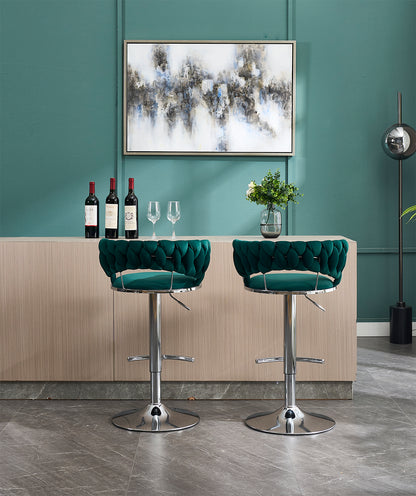 Set of 2 Bar Stools,with Chrome Footrest and Base Swivel Height Adjustable Mechanical Lifting Velvet + Chrome Leg Simple Bar Stool-GREEN image 5