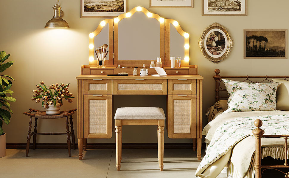 44.37" Makeup Vanity Desk with Stool Set, 13 Hollywood Bulbs & 3 Lighting Modes Dressing Table, Tri-Fold Mirror Large Vanity Table with Cushioned Stool, Charging Station, Ample Storage, Natural image 10