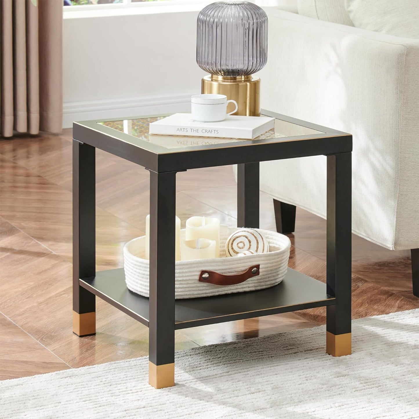 Square Side Table with Shelf, Boho Style Side Table for Living Room, Tempered Glass End Table with Metal Frame, Nightstand for Bedroom, 2-Tier, Black image 1
