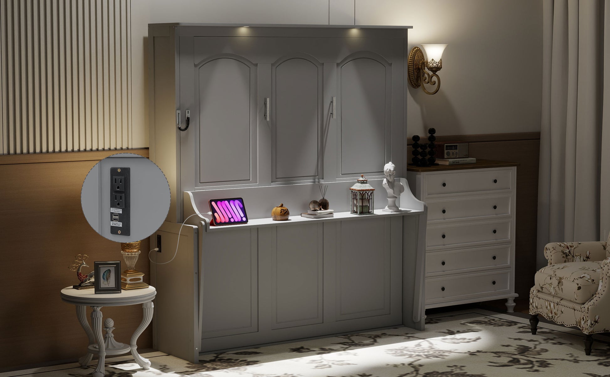 Queen Size Murphy Bed with Desk,LED Lights and USB Charging Station,Gray image 5