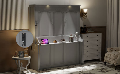 Queen Size Murphy Bed with Desk,LED Lights and USB Charging Station,Gray image 5