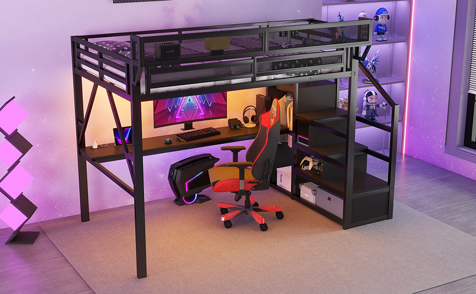 Full Loft Bed with Desk and Charging Station, Full Size Metal Loft Bed with Stairs and Light for Kids Teens, Black(Old SKU W2580S00077) image 4