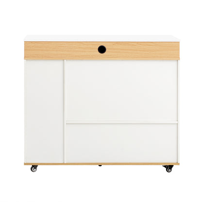 TREXM Extendable Dining Table with Extra-Long Folding Top, Rolling Kitchen Island with Drawers, Power Outlet and Brake lock, Storage Cabinet for Kitchen and Dining Room (Natural + Creamy White) image 10