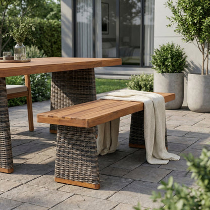 Outdoor 1pcs Acacia Wood Bench,Teak Finish+ Grey Wicker image 1