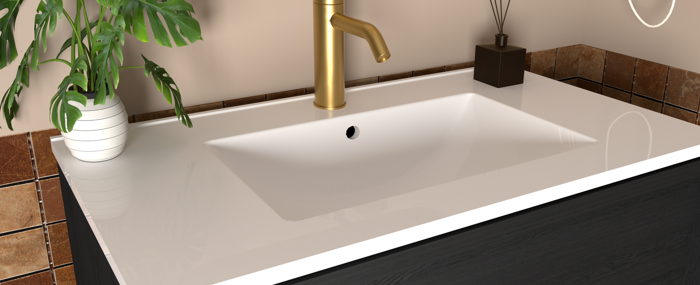 30 Inch Bathroom Vanity Cabinet With Ceramic Sink - Gray Wall Mounted Floating Fluted Vanity With Drawers, Modern image 4