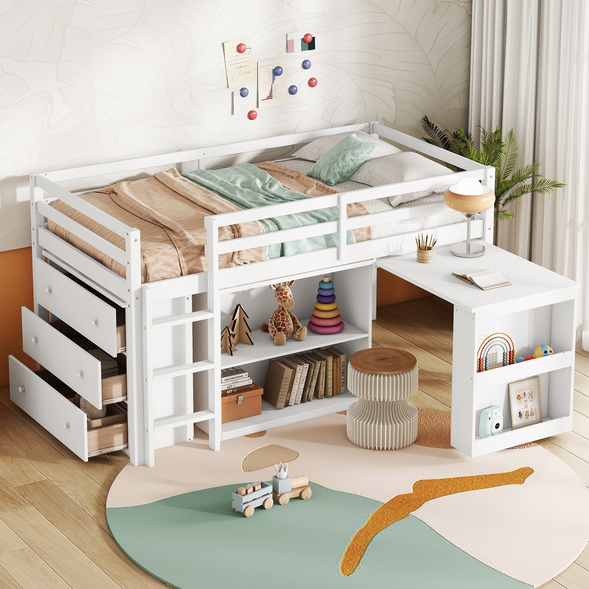Twin Loft Bed w. stroage case,drawers,Twin Loft Bed with,Drawer Cabinet, Shelf Cabinet and Pulling -Out Desk,Rubber Wood Loft Bed with Safety Guardrail,Ladder,White image 12