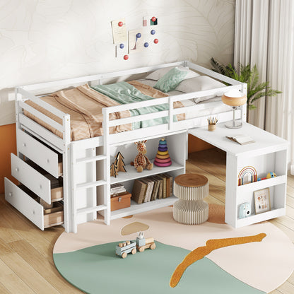 Twin Loft Bed w. stroage case,drawers,Twin Loft Bed with,Drawer Cabinet, Shelf Cabinet and Pulling -Out Desk,Rubber Wood Loft Bed with Safety Guardrail,Ladder,White image 12