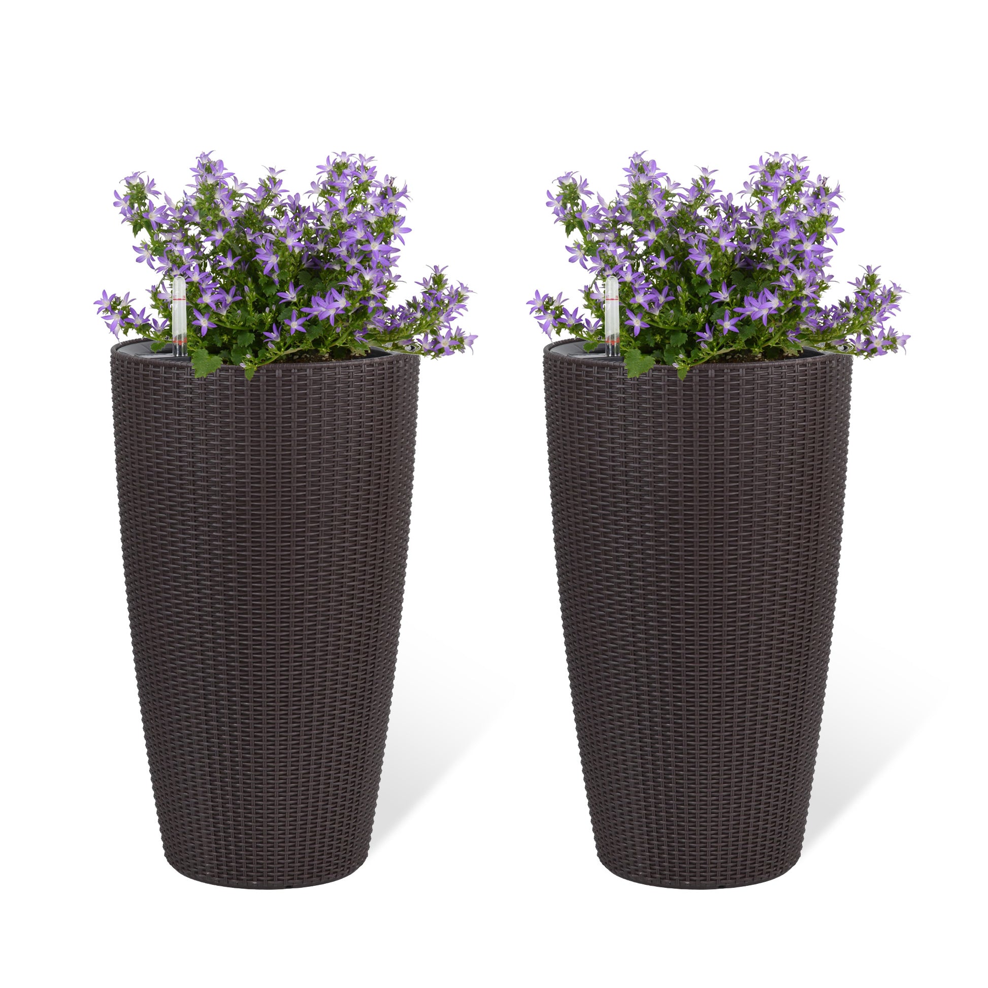 Set of 2 Faux Rattan Tall Planters Outdoor Indoor Large Planters with Water Level Monitor Inner Bucket, Automatic Watering, Flower Plant Pots for Garden, Patio, Porch, Backyard (Brown, 22 inch) image 1