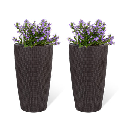 Set of 2 Faux Rattan Tall Planters Outdoor Indoor Large Planters with Water Level Monitor Inner Bucket, Automatic Watering, Flower Plant Pots for Garden, Patio, Porch, Backyard (Brown, 22 inch) image 1