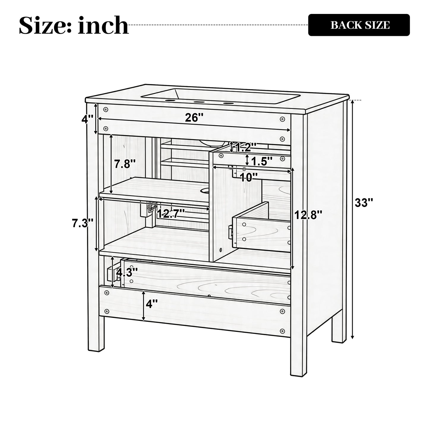 [Video] 30" Wood Grain Bathroom Vanity with Ceramic Sink, Solid Wood Legs, Adjustable Shelf & Full Soft-Close Drawers & Door, Storage Rack, Open Back Design image 7