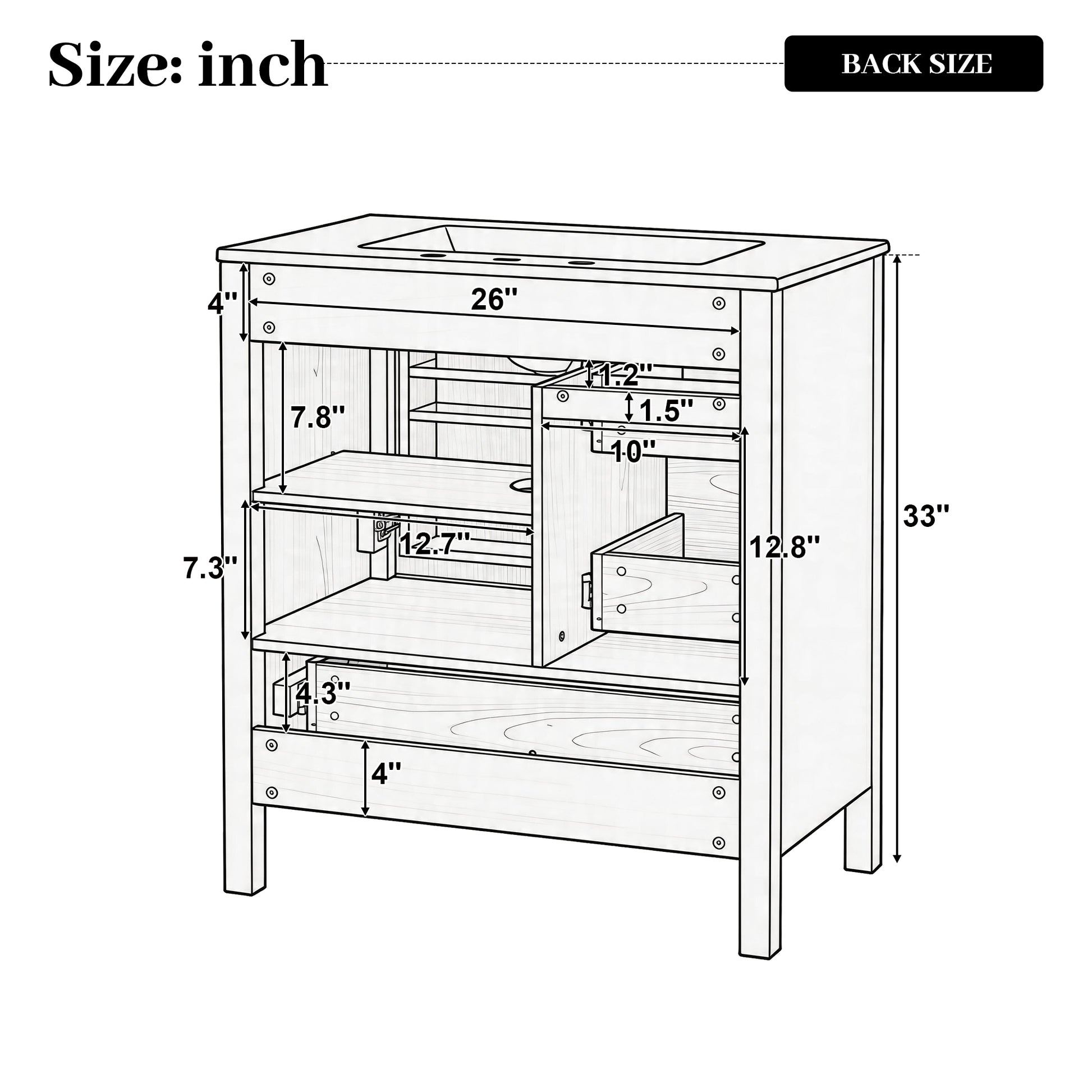 [Video] 30" Wood Grain Bathroom Vanity with Ceramic Sink, Solid Wood Legs, Adjustable Shelf & Full Soft-Close Drawers & Door, Storage Rack, Open Back Design image 7
