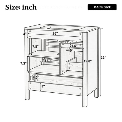[Video] 30" Wood Grain Bathroom Vanity with Ceramic Sink, Solid Wood Legs, Adjustable Shelf & Full Soft-Close Drawers & Door, Storage Rack, Open Back Design image 7