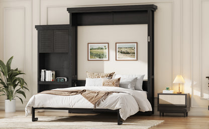 Queen Size Murphy Bed with Multiple Storage Shelves and Louvered Style Decoration,Black image 4