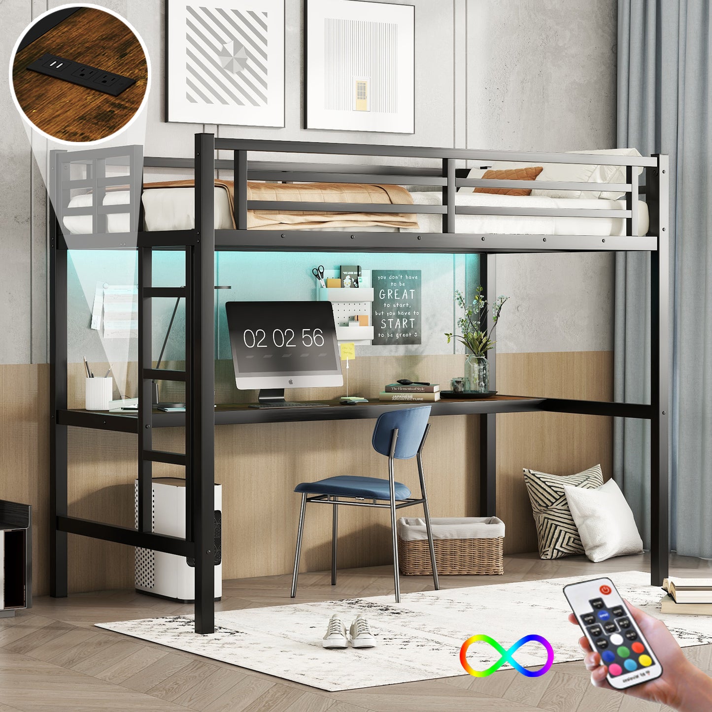 Metal Twin XL Size Loft Bed with Power Outlet and LED Lighted, Space-Saving, Noise Reduced, Black image 1