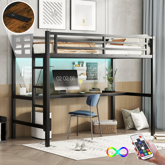 Metal Twin XL Size Loft Bed with Power Outlet and LED Lighted, Space-Saving, Noise Reduced, Black image 1