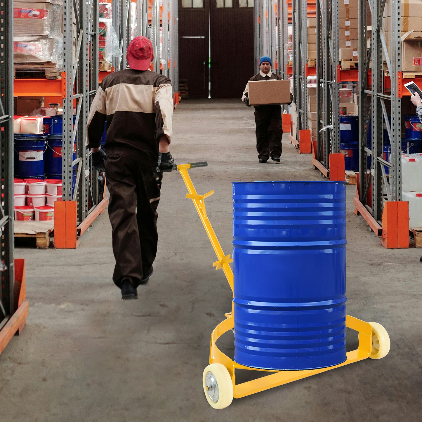 55 Gallon Drum Dolly, 1200lbs capacity, with 2 fixed PU Wheels and 1 swivel wheel - Low Profile Steel Oil Drum Caddy Oil Barrel Drum Roller Hand Cart image 11