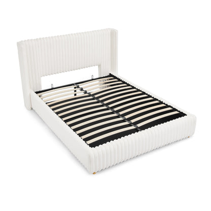 Queen Functional Vertical Striped Bed with Gas Lift Storage, Luxury Fluffy Rabbit Fur Fabric Up-holstered Double Bed image 11