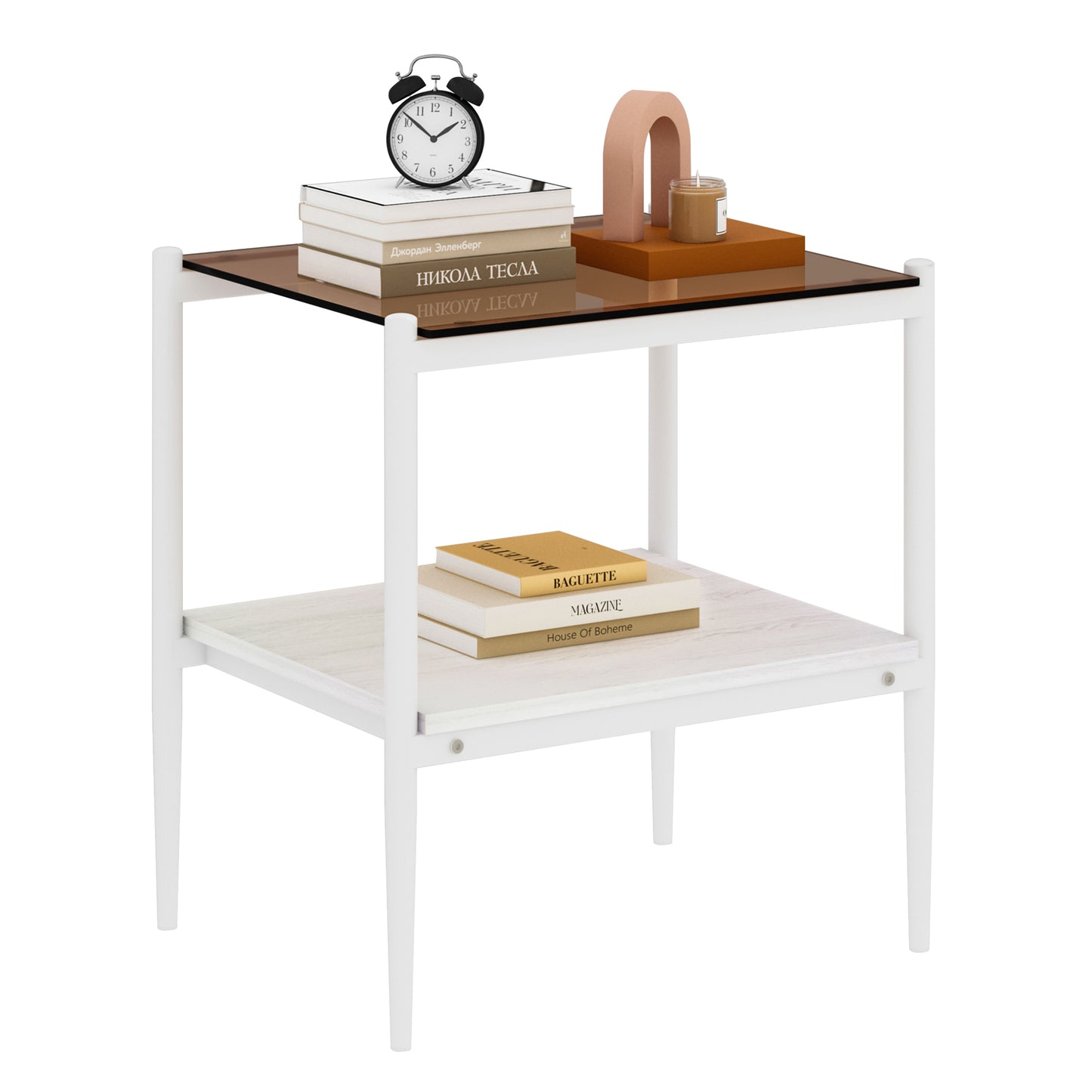 Set of 2 Rectangle End Table, Tempered Glass Tabletop with MDF layer, Modern Table for Living Room, Brown Glass image 4