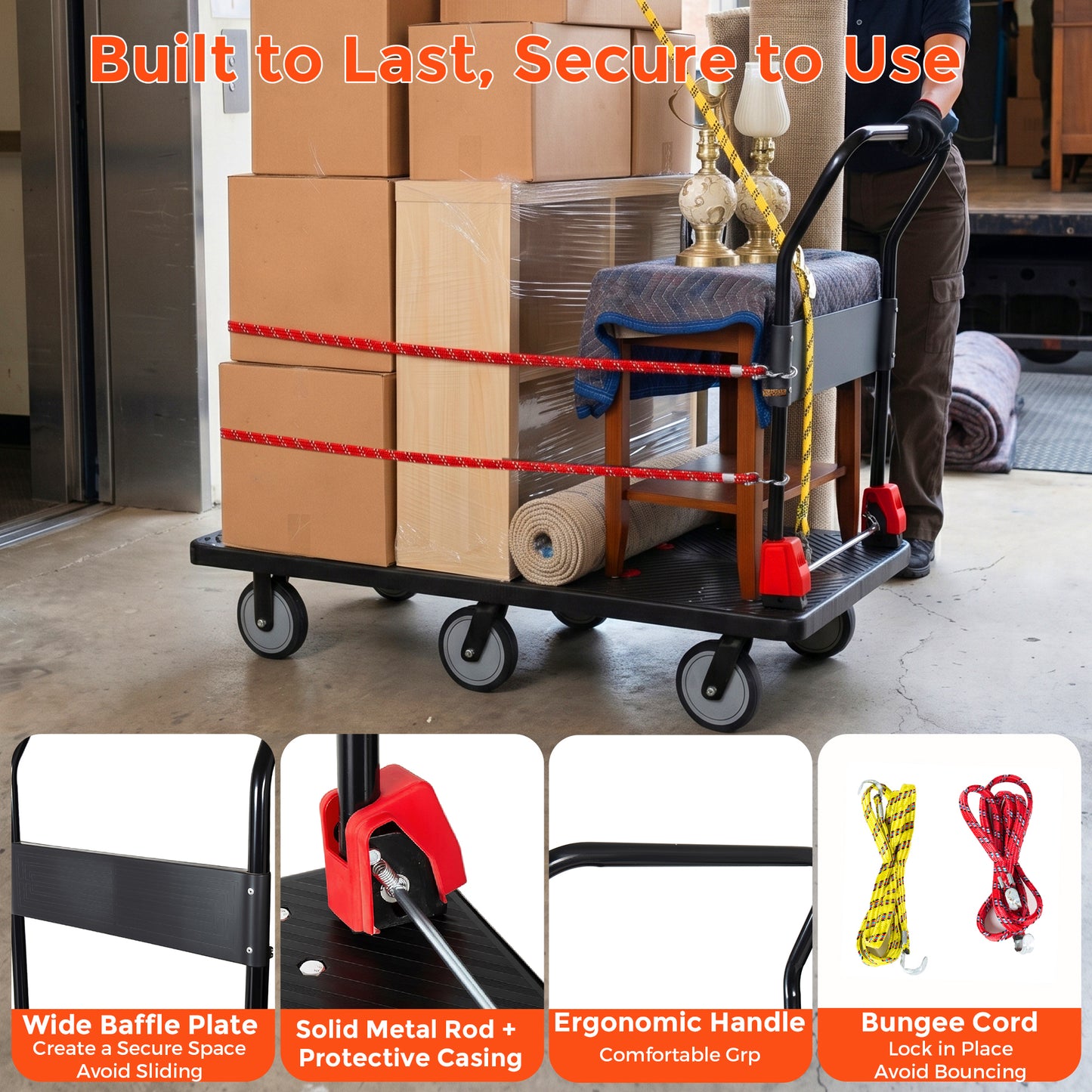 25.5"x51.5" Platform Truck, Foldable Handcart with 6'' TPR 360-Degree Silent Wheels, 1800lbs Heavy-Duty Push Dolly Cart, 4 Steel Load-Bearing Beams for Warehouse Garage Home Use image 2