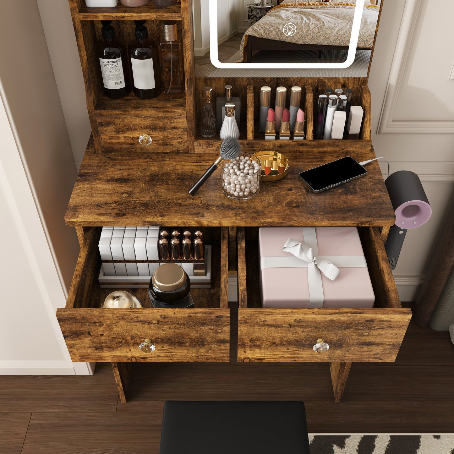 Modern small Vanity Desk,featuring 3 modes of LED lighting with adjustable brightness, 3 drawers and multiple open storage shelves, a hair dryer holder and power socket, and a dressing chair. brown image 9