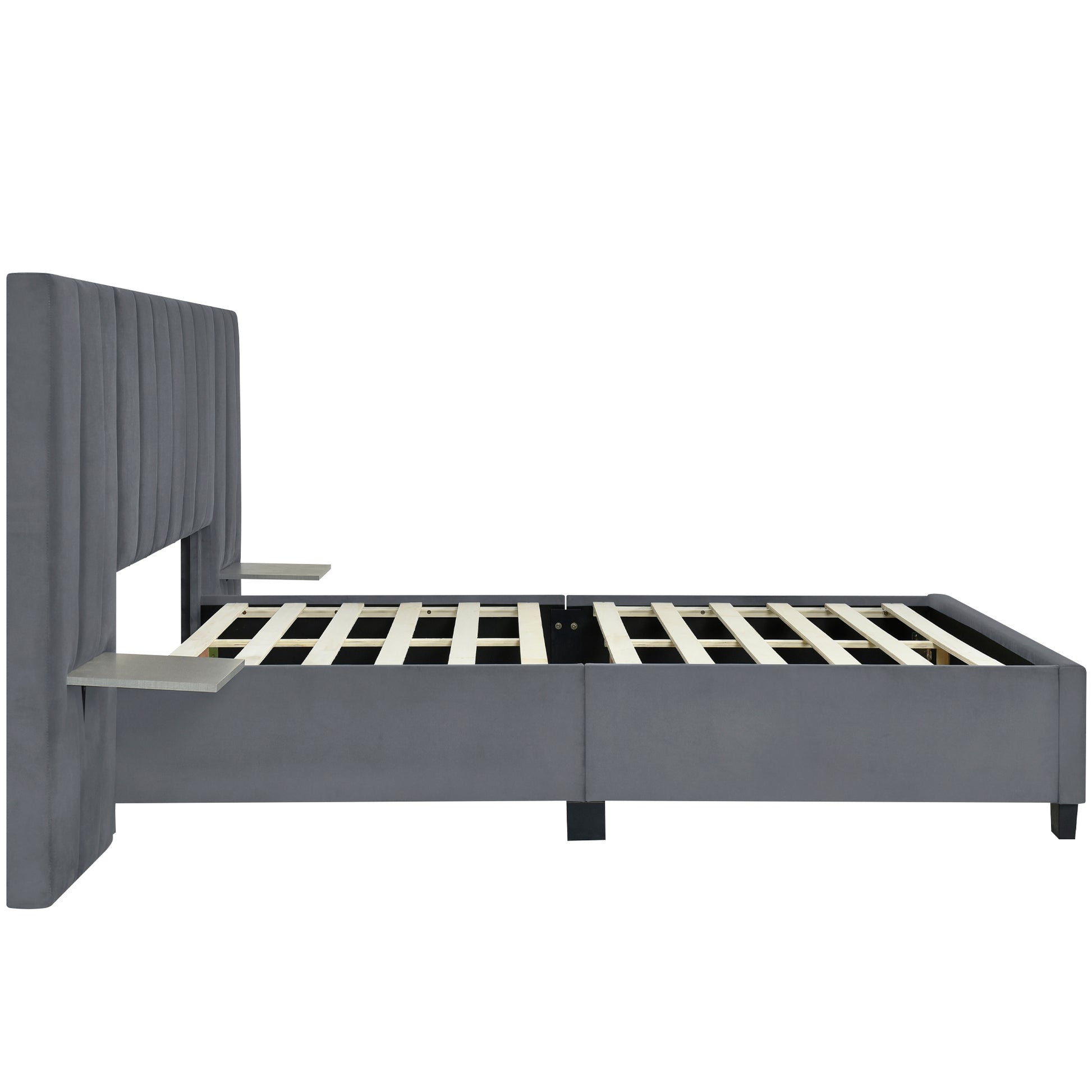 Queen Size Upholstered Platform Bed with Big Headboard, Bedroom Furniture, Velvet, Gray image 6