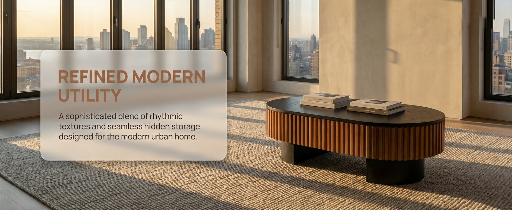 43.7" Oval Coffee Table With Hidden Storage, Fluted Modern Minimalist Wood Coffee Table for Living Room, Oval Center Table, Black + Walnut. image 3